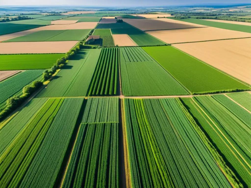Esplendor agrícola: cultivos verdes bajo el sol Vista aérea de un paisaje agrícola verde y vibrante con cultivos ordenados, reflejando la inversión agrícola global tendencias