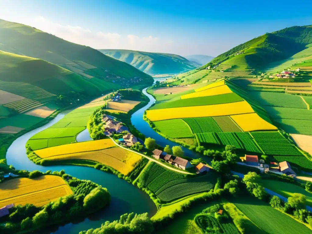 Idílica aldea rural: paisaje verde y sereno Vista idílica del campo, con colinas verdes, un río serpenteante y casas rurales