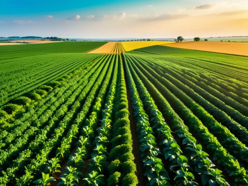 Campo agrícola expansivo bañado por el sol Vista panorámica de un campo agrícola exuberante y expansivo, con cultivos verdes y un equipo de agricultores
