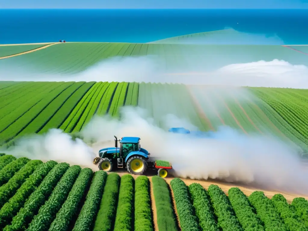 Campo agrícola vibrante: belleza y trabajo Vista panorámica de campos agrícolas con trabajadores y tractor