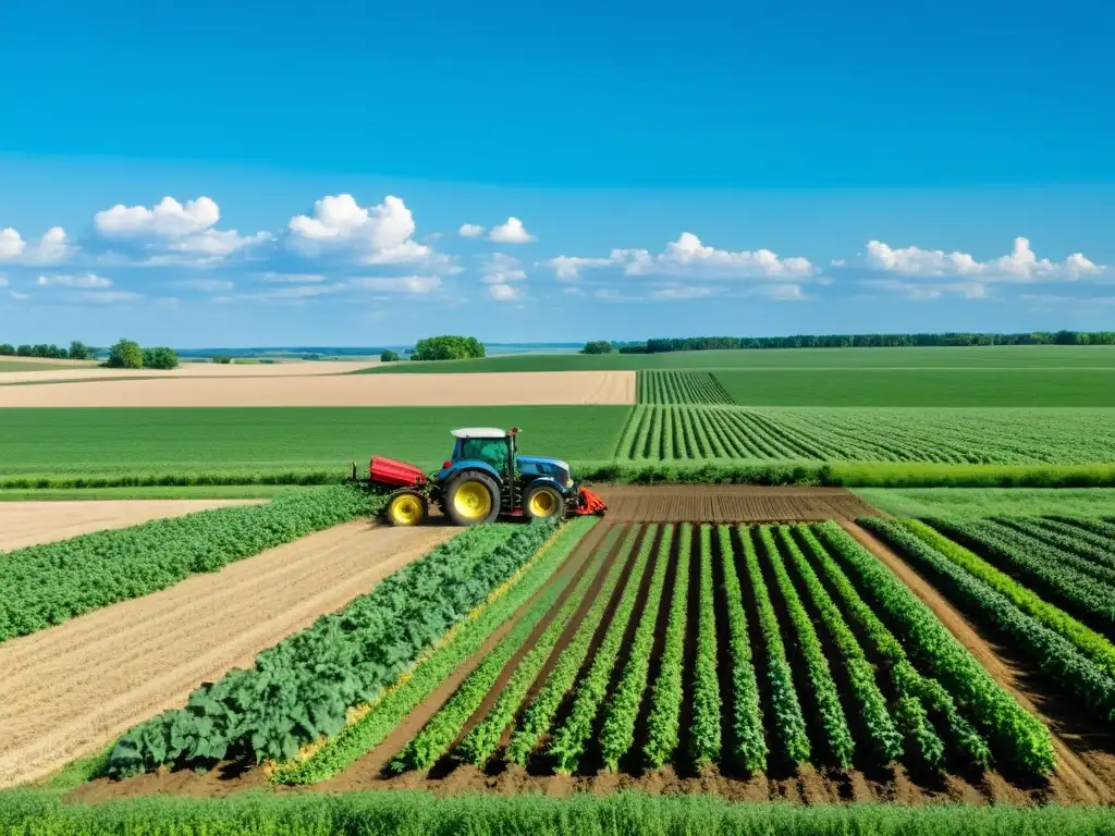 Esplendor agrícola: panorama verde en América del Norte Vista panorámica de un exuberante paisaje agrícola en América del Norte, con granjas y campos verdes interminables bajo un cielo azul