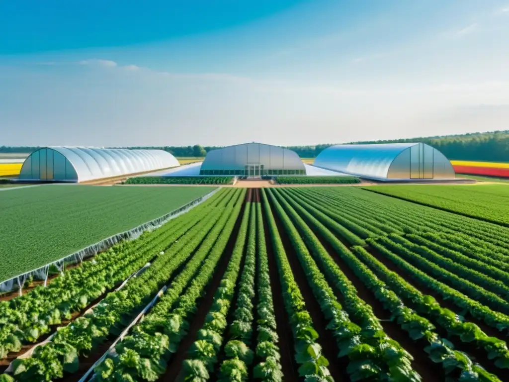 Avanzada tecnología agrícola: invernadero y laboratorio Vista panorámica de un invernadero avanzado con campos cultivados y tecnología agrícola de vanguardia