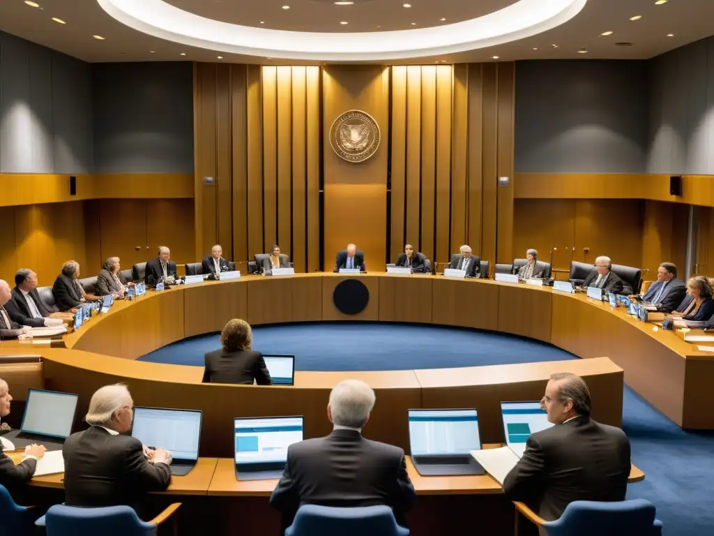 Disputa por derechos de agua en la corte: escena panorámica impactante Vista panorámica de una sala de tribunal durante un disputa de derechos de agua, resaltando la complejidad y la importancia del Derecho de Aguas