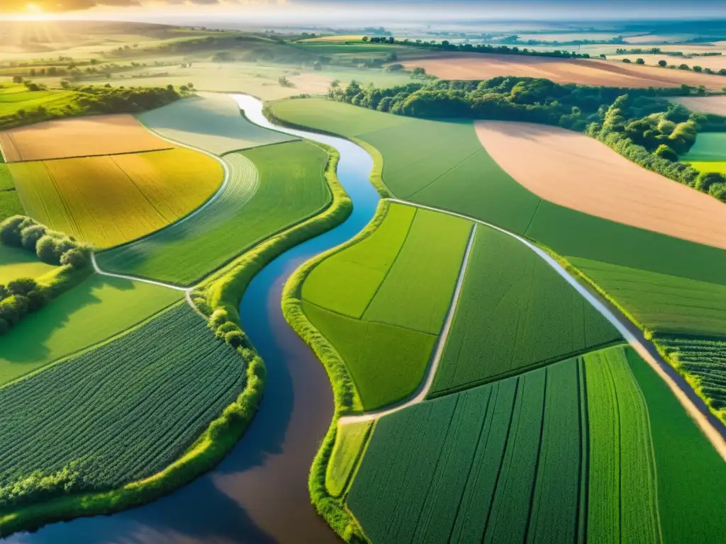 Cooperación agrícola para la gestión sostenible del agua Vista aérea vibrante de paisaje agrícola rural, con campos verdes y arroyos serpenteantes
